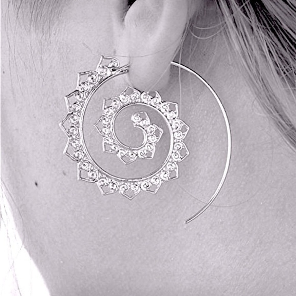 Bohemian Hippie Swirl Hoop Festival silver Unique Earrings